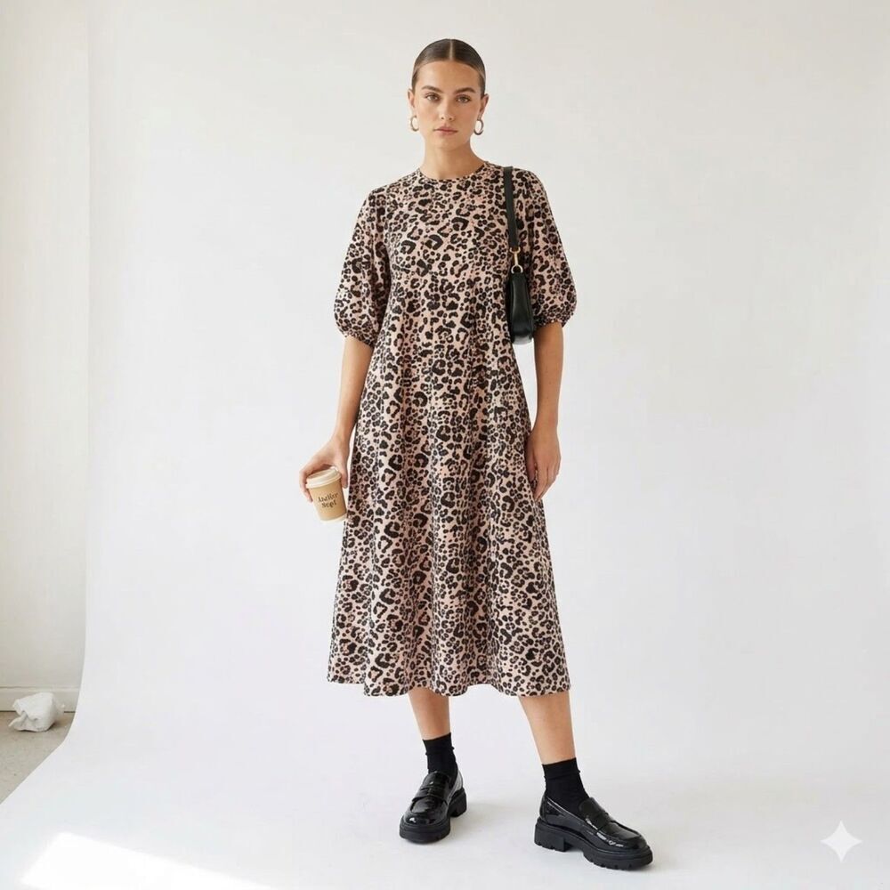 ASOS Leopard Print Balloon Sleeve Midi Dress Size 0